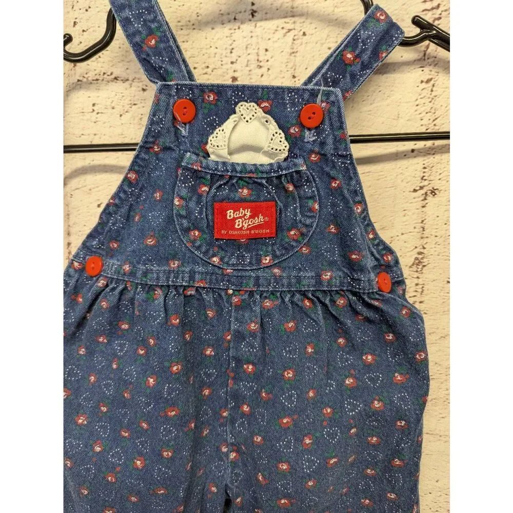OshKosh Vintage Overalls Long Denim Red‎ Hearts Vestbak Size 12 M B'Gosh Made in